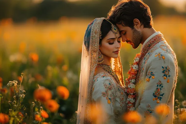 Smiling rural Indian couple standing in a green crop field at golden sunset