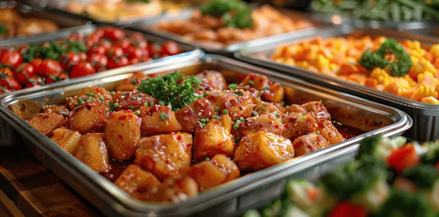 Close-up of buffet trays with glazed chicken and colorful vegetables on a catering serving table.