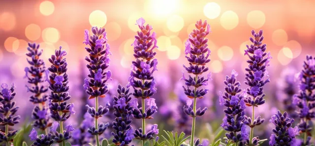 Purple lavender flower spikes glow in warm sunlight with a soft bokeh background in a garden.