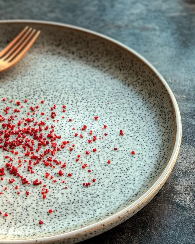 Empty ceramic plate with red crumbs and fork on stone surface
