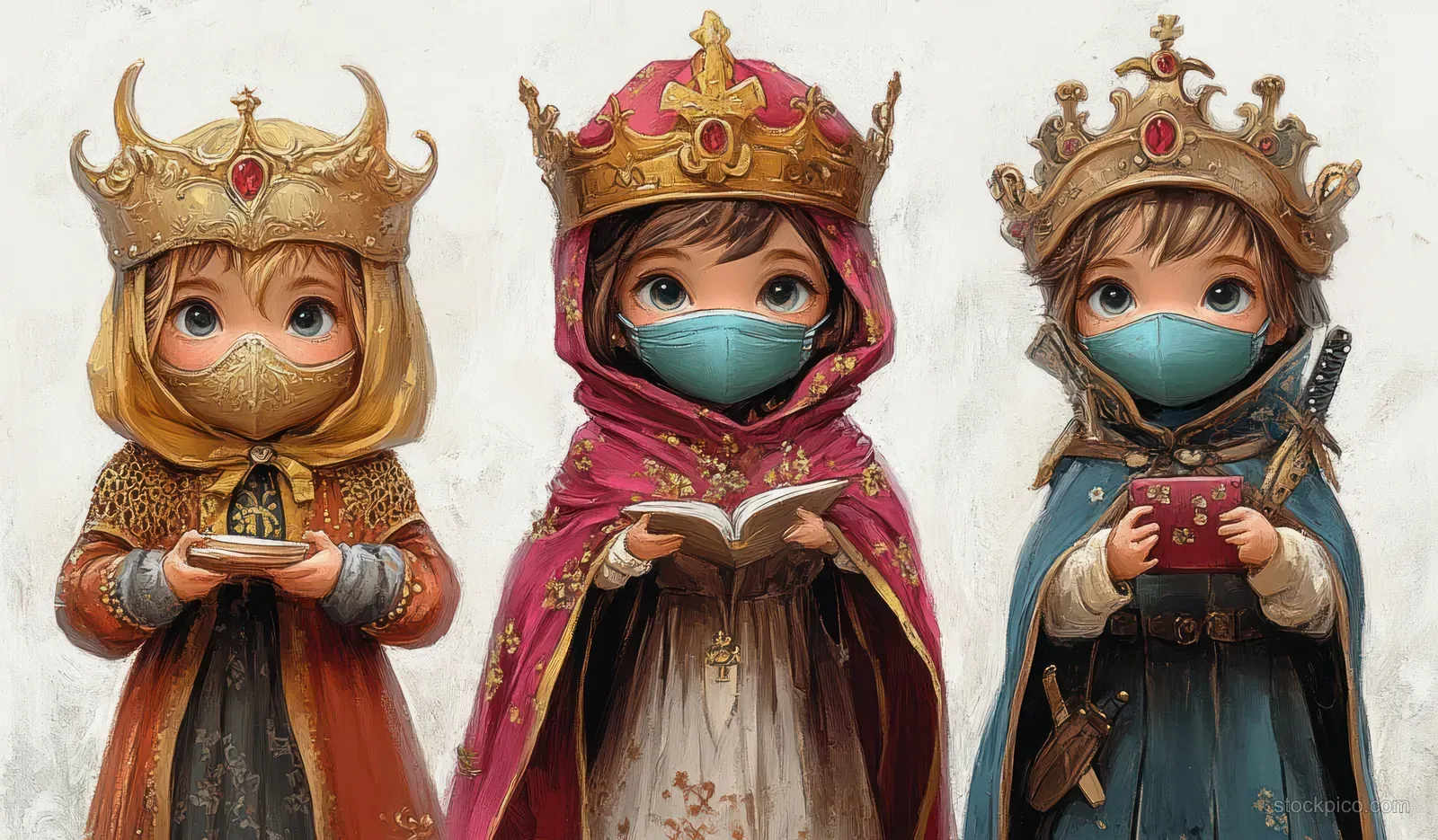 Three crowned children kings in colorful robes wear face masks and hold nativity gifts against a pale background.