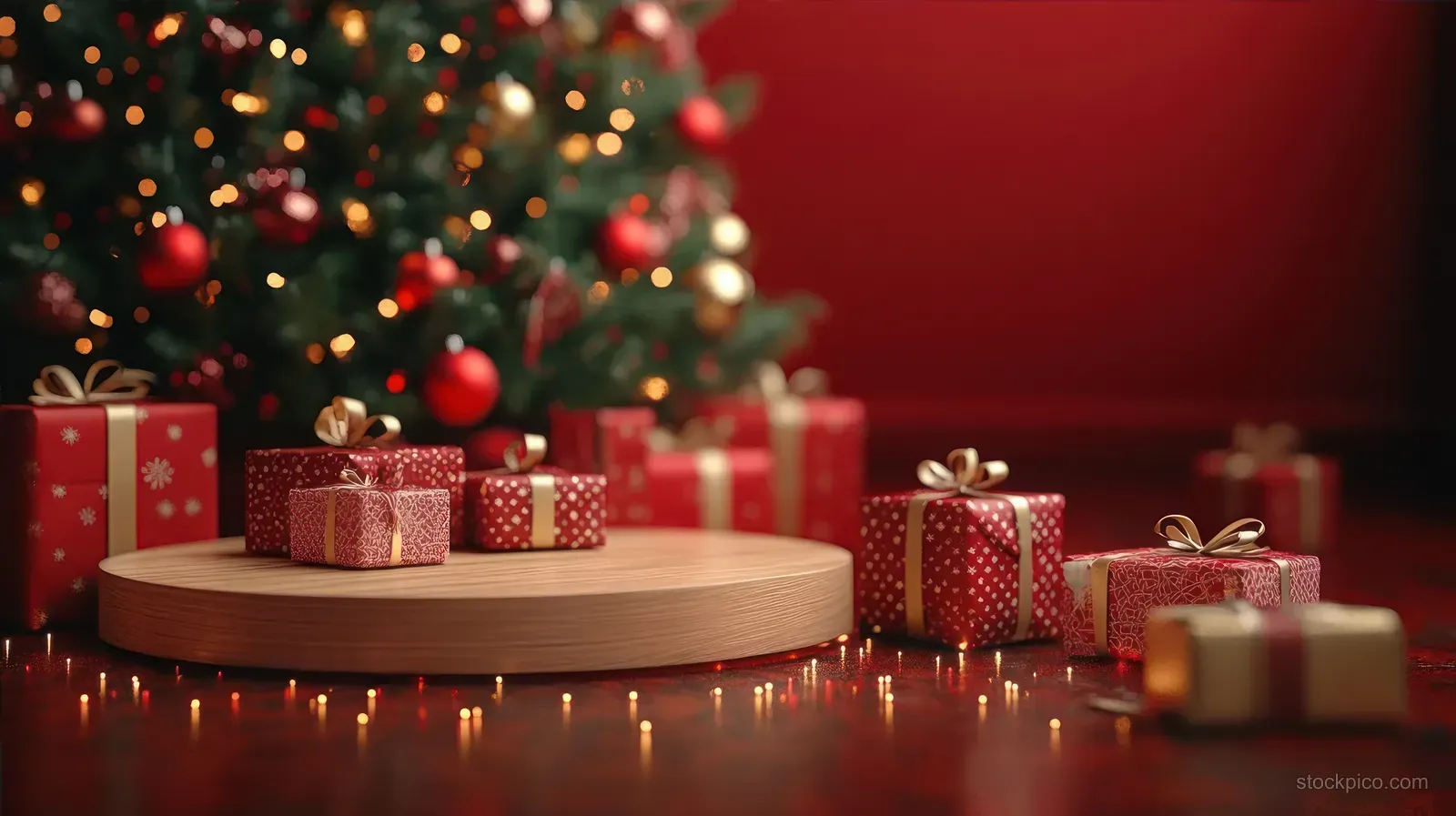 Red and gold wrapped Christmas presents surround a decorated tree with glowing lights on a dark red background.