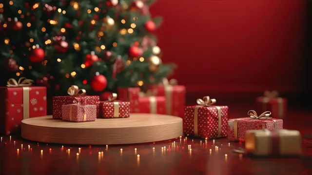 Red and gold wrapped Christmas presents surround a decorated tree with glowing lights on a dark red background.