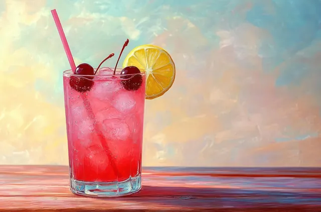 A pink cocktail glass with ice cubes, cherries, lemon slice garnish, and a pink straw on a wooden table.