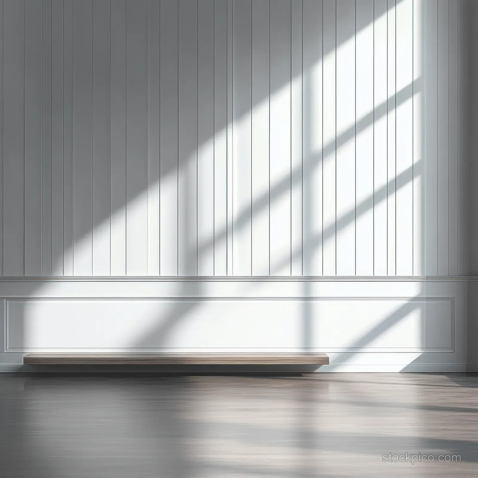 Minimal empty room with white vertical panels, a floating wooden shelf, and soft daylight shadows on a dark polished floor.