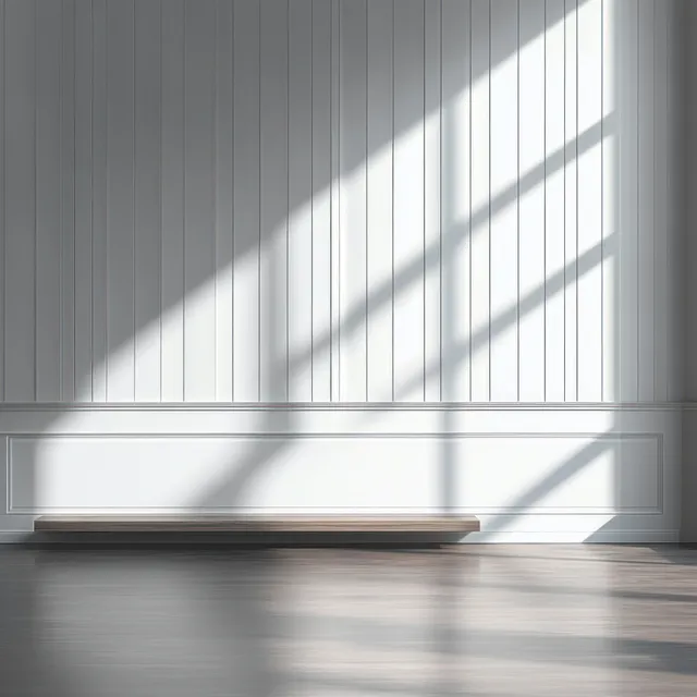 Minimal empty room with white vertical panels, a floating wooden shelf, and soft daylight shadows on a dark polished floor.
