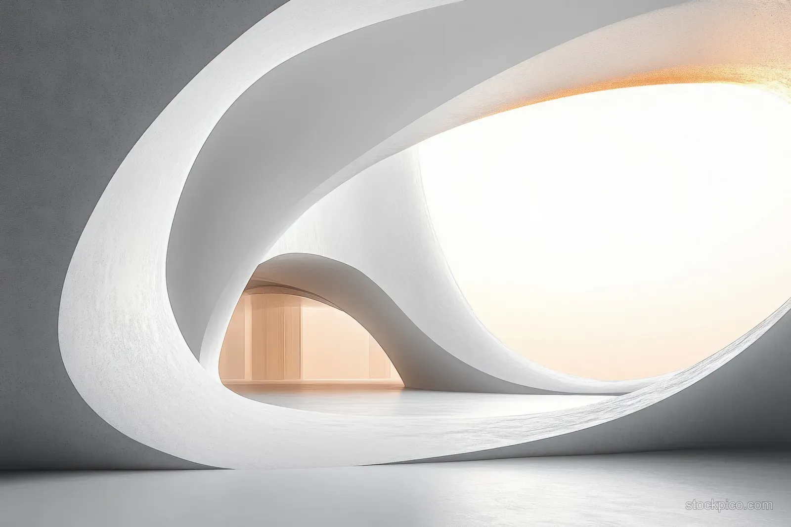 Smooth curved concrete corridor with an oversized circular opening casting soft warm light into the empty hallway.