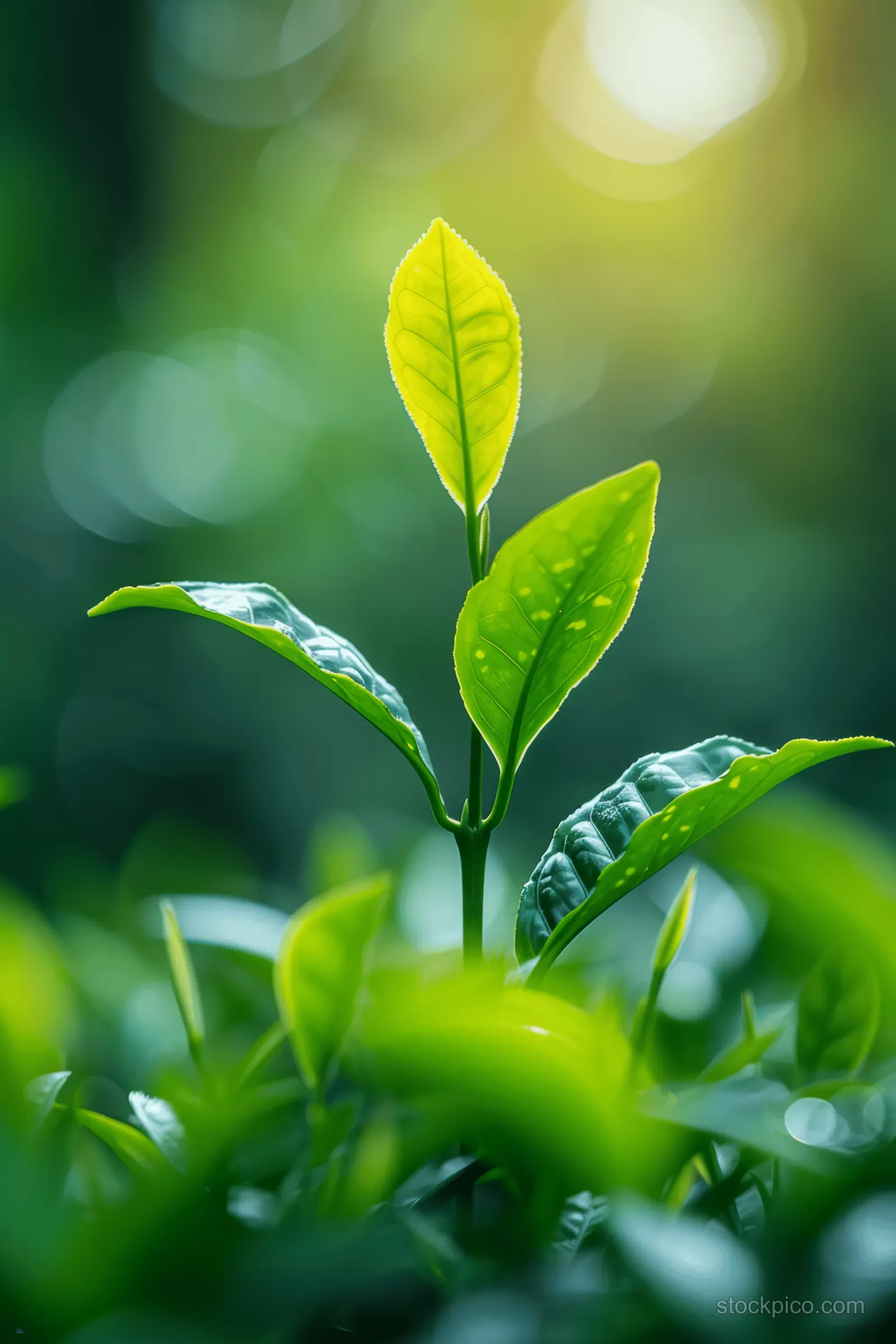 Green tea sprout with fresh leaves illuminated by sunlight and surrounded by soft green bokeh.