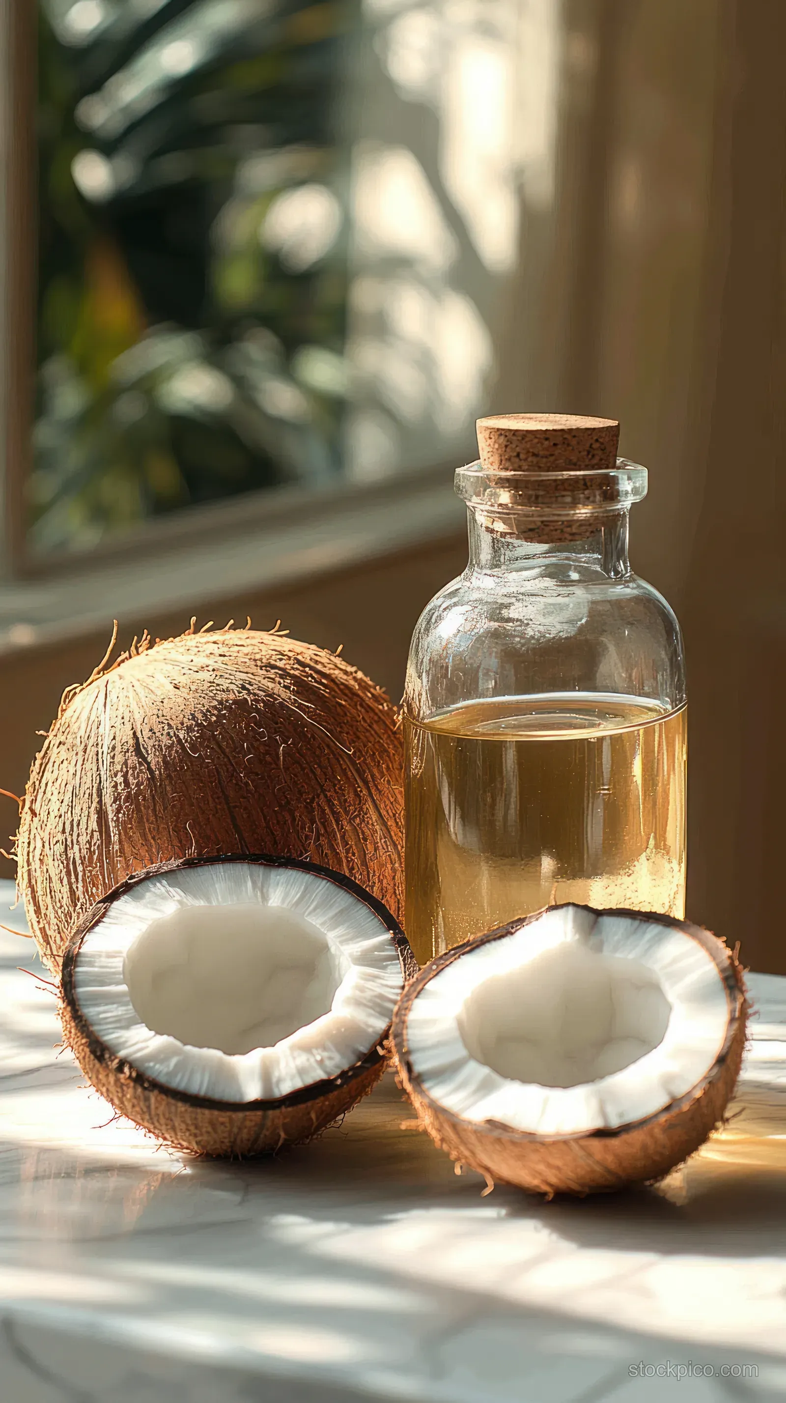Sunlit coconut halves and a cork-stoppered glass bottle of golden coconut oil on a smooth surface.