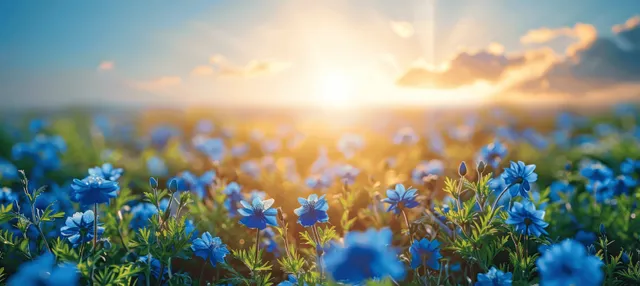 Solar panels and wind turbines above a blue-flower green field in bright sunlight