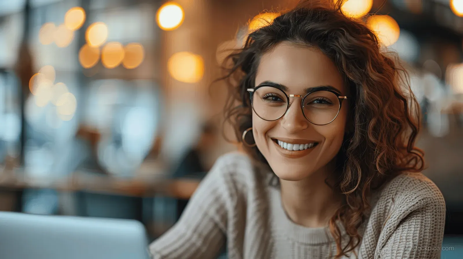 Smiling woman works on a laptop at a cafe table as warm bokeh lights blur behind her.