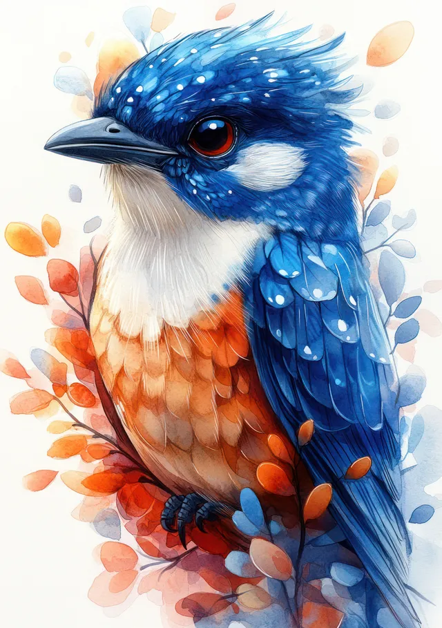 Watercolor blue bird perched on branches with splashy pastel foliage and feather detail