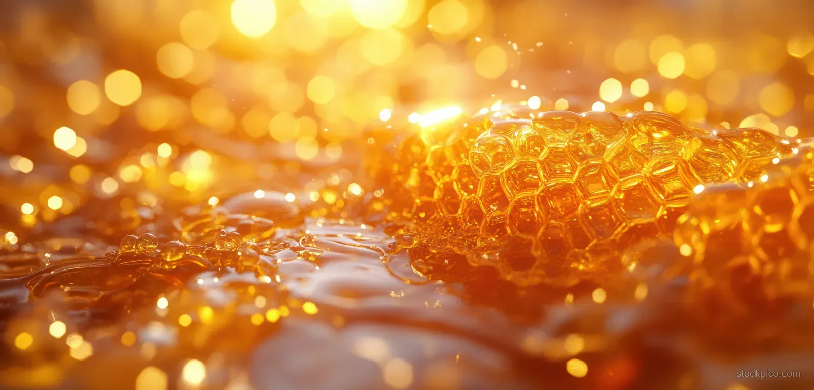 Honeycomb cells glisten with glossy honey droplets against a warm golden blurred background.