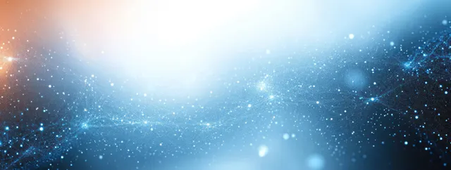 Glowing blue and white network nodes connected by light lines over an abstract digital space background.