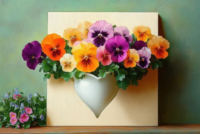 Colorful pansy bouquet in a white heart-shaped vase on a wooden surface against a light beige background.