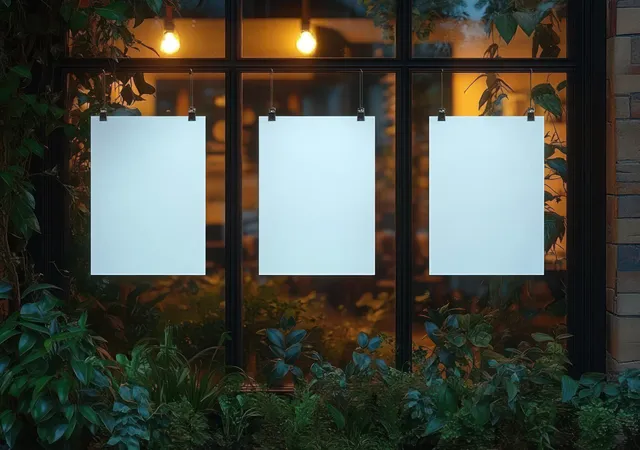 Three blank white posters clipped to a glass window with green plants at night