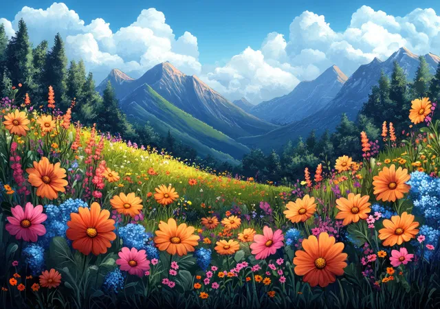 Flores silvestres coloridas llenan una pradera frente a pinos y montañas lejanas bajo cielos azules con nubes.