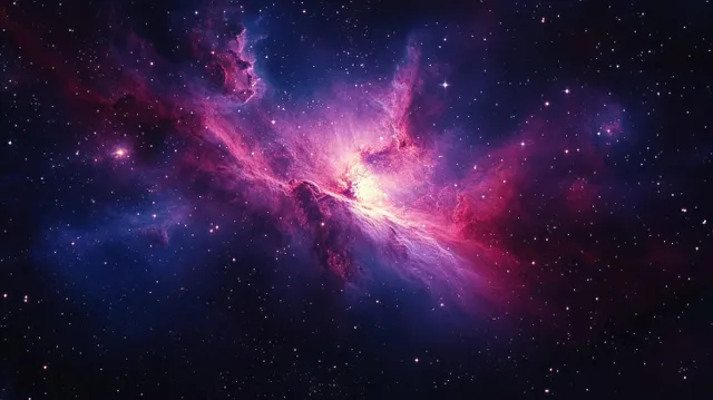 Colorful cosmic nebula clouds and star clusters glow across a dark outer space background.
