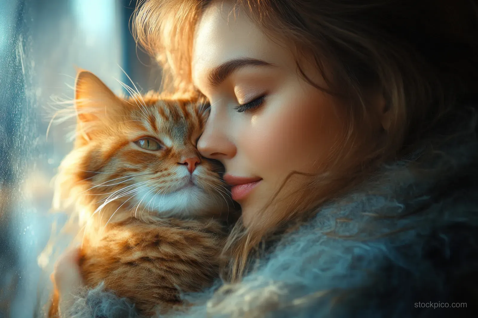 Woman cuddles an orange cat on her knees, nuzzling it in warm soft light.