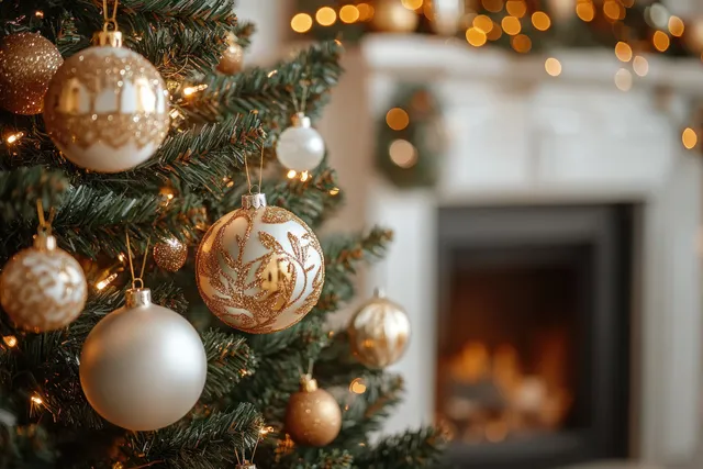 Christmas tree branches with gold and white ornaments stand beside a glowing fireplace.