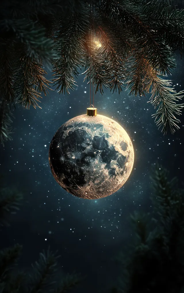 A glowing moon-shaped ornament hangs between pine branches in a starry night sky.