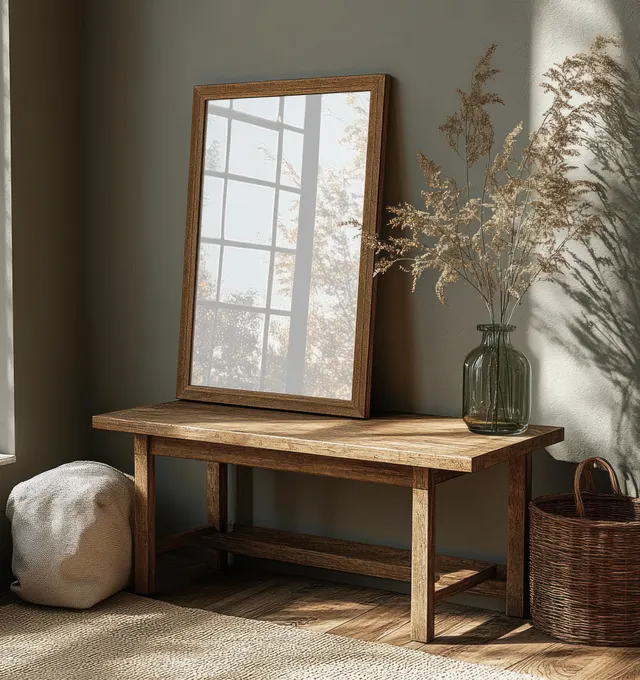 Blank framed mirror on a wooden table in a dark green living room beside a vase with dried plants.
