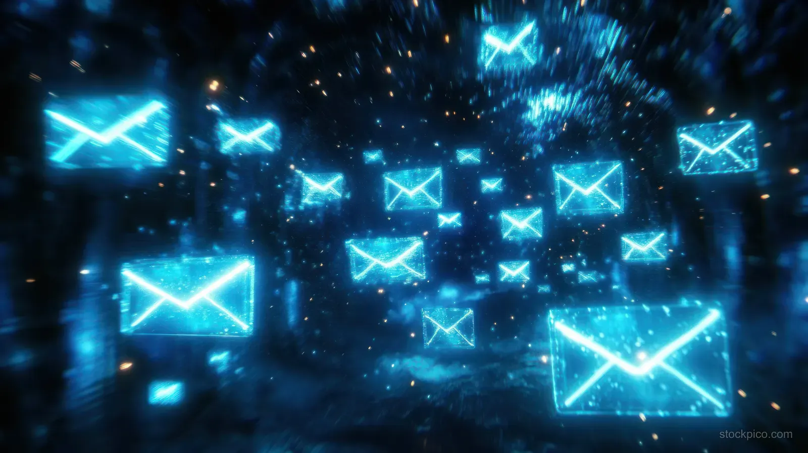 Glowing email envelope icons float across a dark cyberspace background with network signal effects.
