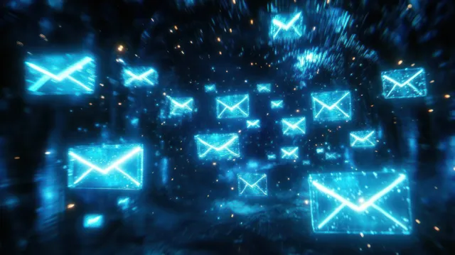 Glowing encrypted email icons floating in a dark cyberspace warning backdrop