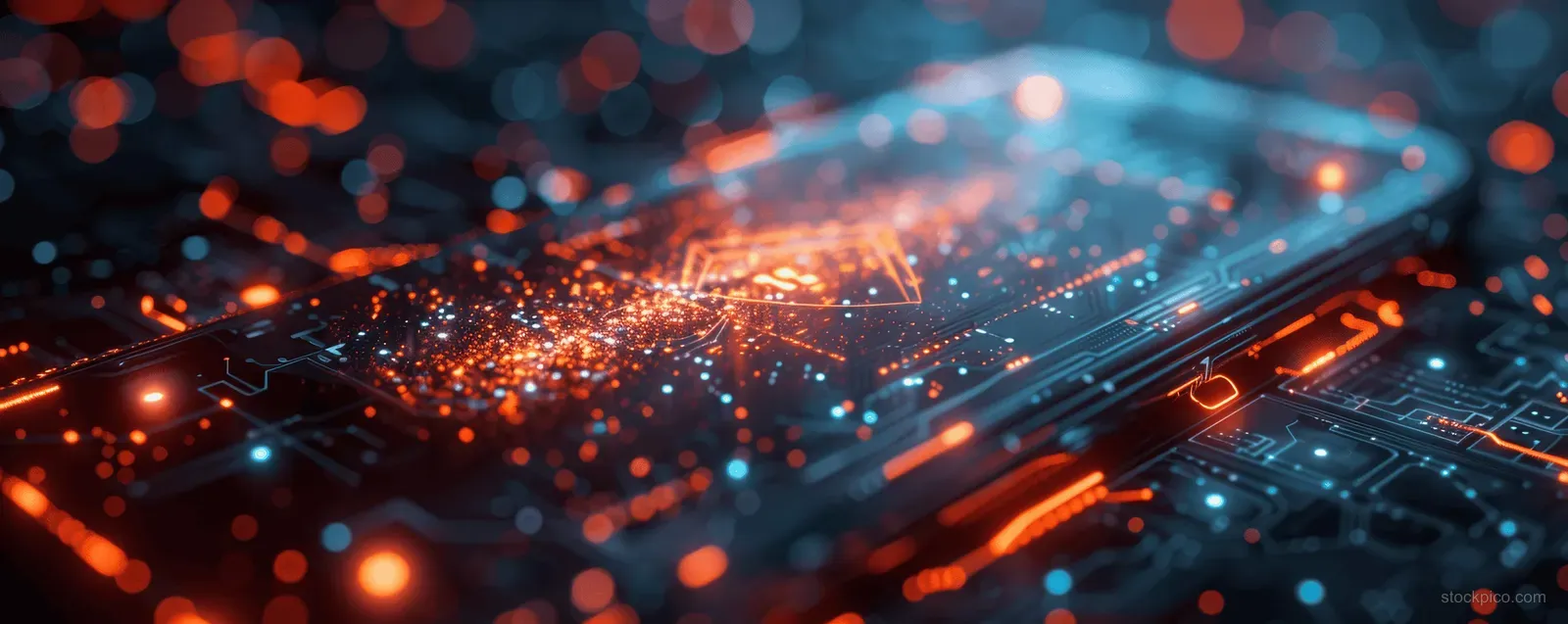 Smartphone screen shows fingerprint 2FA login while glowing encrypted data packets connect across a cyber network background.