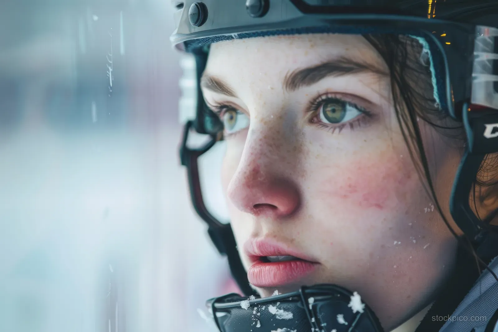 A Canadian female ice hockey player looks intensely forward in a helmet visor inside an indoor rink.