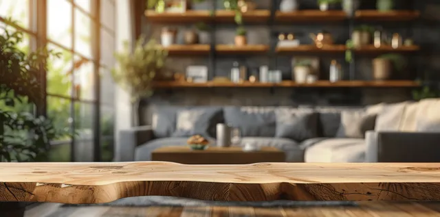 Wooden tabletop in the foreground with a blurred living room background, shelves, and daylight through a window.