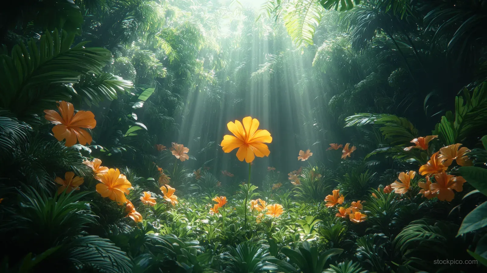 Sunbeams shine through dense rainforest leaves onto orange and yellow tropical flowers blooming in foreground.
