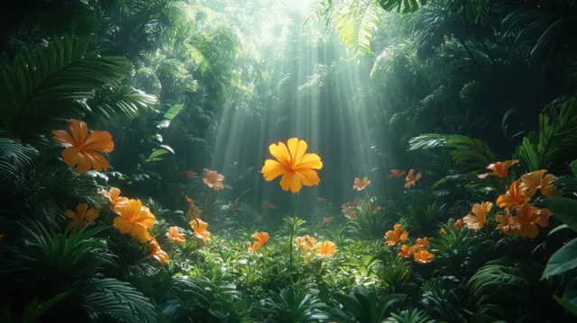 Sunbeams shine through dense rainforest leaves onto orange and yellow tropical flowers blooming in foreground.