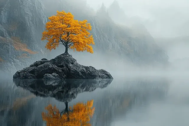 A solitary orange tree grows on a rocky island, reflected in calm water with misty mountains in the background.