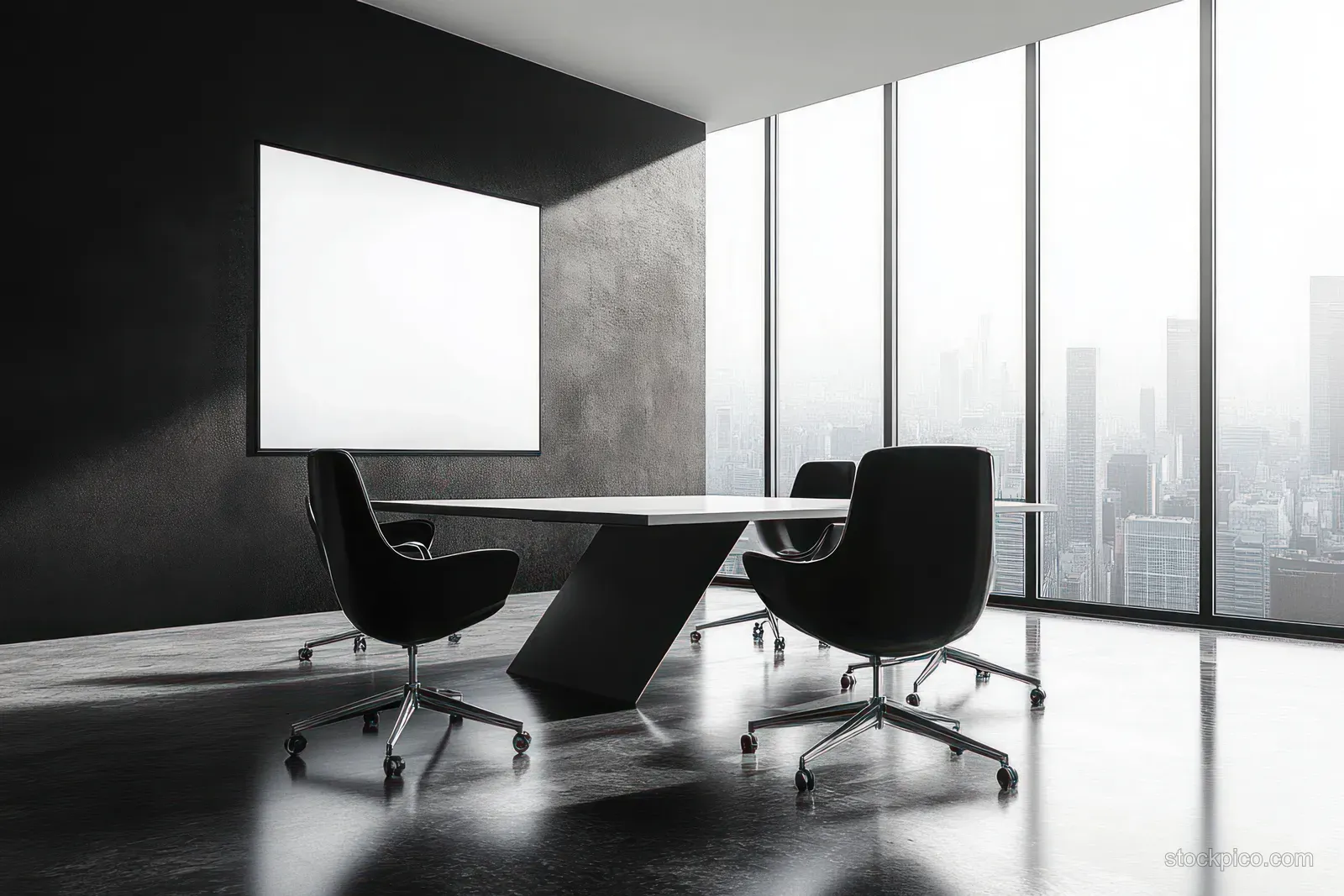 Black office chairs sit around a sleek table in a minimalist meeting room with large windows showing a foggy city skyline.