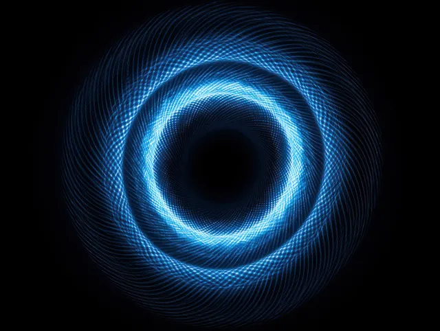 Anillos concéntricos verde azulado brillantes se ondulan hacia el interior sobre un fondo negro oscuro.