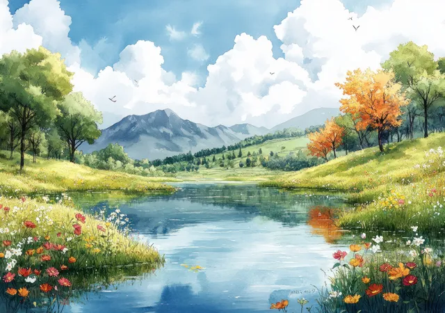 Watercolor riverside scene with wildflowers along the banks, calm reflections, and distant mountains under blue clouds.