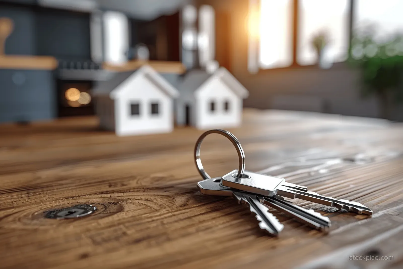 White house model and metal keys rest on a wooden table in a kitchen with soft sunlight.