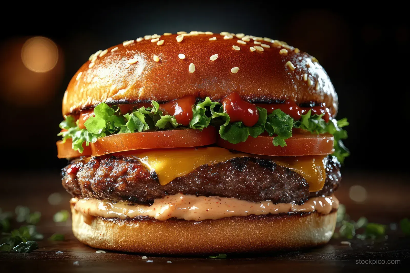 A close-up beef burger with lettuce, tomato, onion, cucumber, and sesame bun on a wooden table.