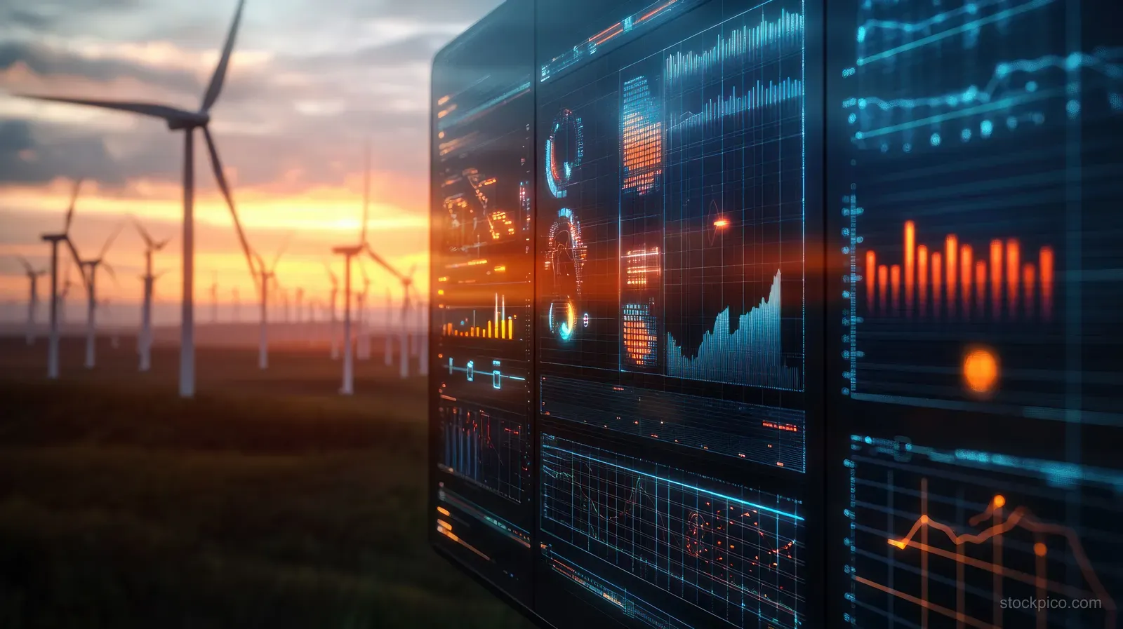 A wind energy dashboard displays real-time charts beside turbines at sunset.