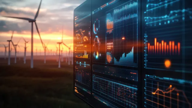 Wind Power Monitoring Dashboard Displaying Real-Time Turbine Data at Sunset