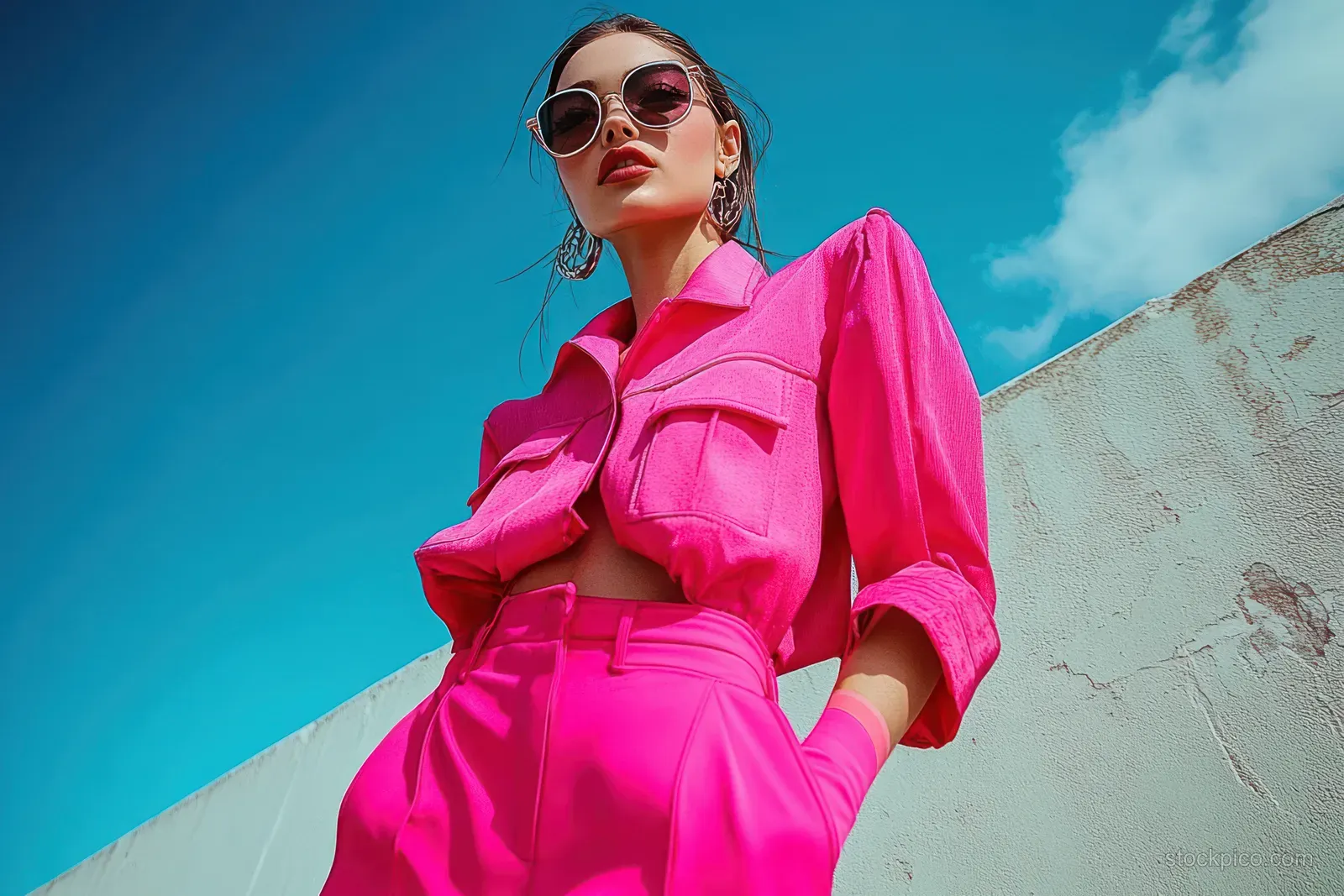 An Asian woman model smiles in a bright neon pink outfit outdoors against a blue sky and textured wall.