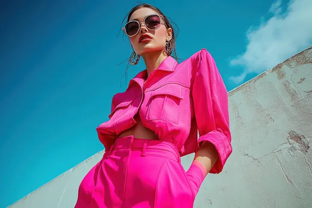 Asian woman model in bright pink neon coat smiling against blue sky wall