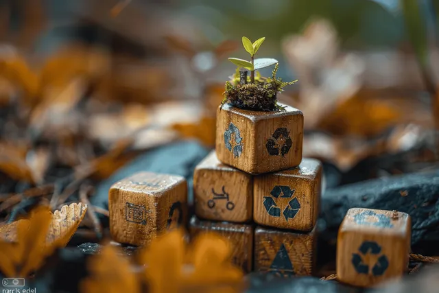 Recycling cubes with sprouting plant in autumn forest setting