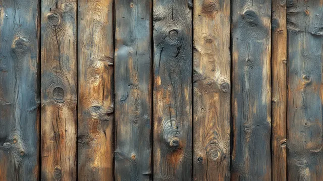 Weathered vertical wooden planks with grey grain, knots, and rust-colored streaks.