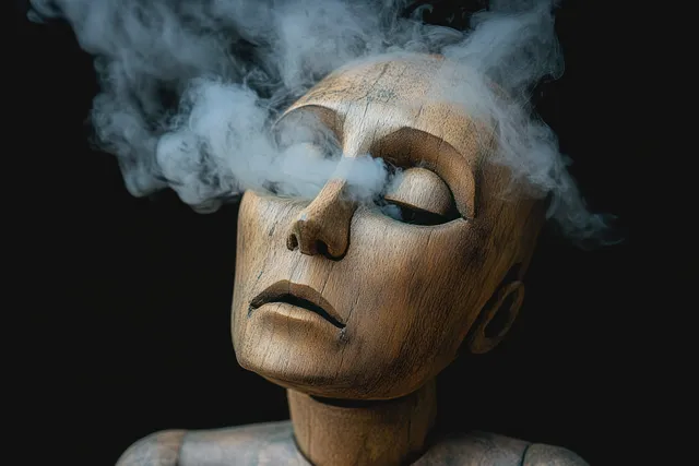 Carved wooden mannequin head exhales thick white smoke with eyes closed against a black background.