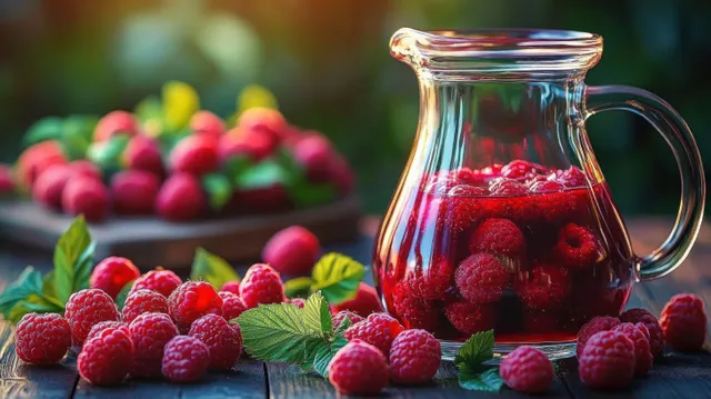 Glass pitcher of raspberry juice beside scattered raspberries and green leaves on a wooden table in sunlight.
