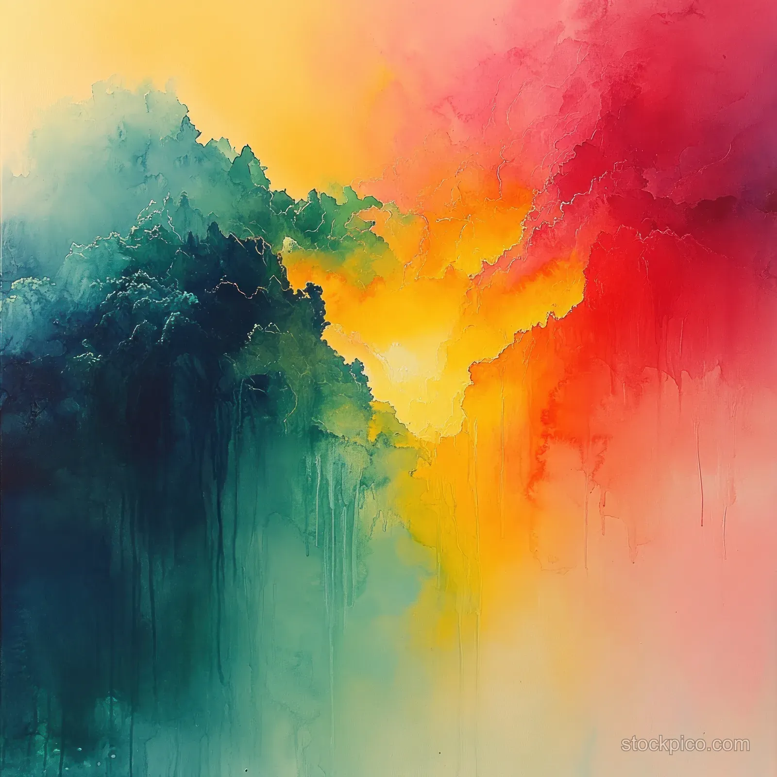 Abstract watercolor background with layered yellow, green, and pink fluid washes blending into misty cloud shapes.