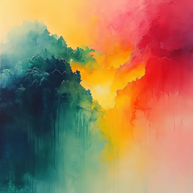 Abstract watercolor background with layered yellow, green, and pink fluid washes blending into misty cloud shapes.