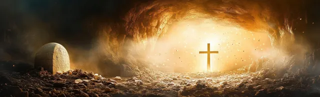 A bright wooden cross glows at a cave entrance beside an empty stone tomb.